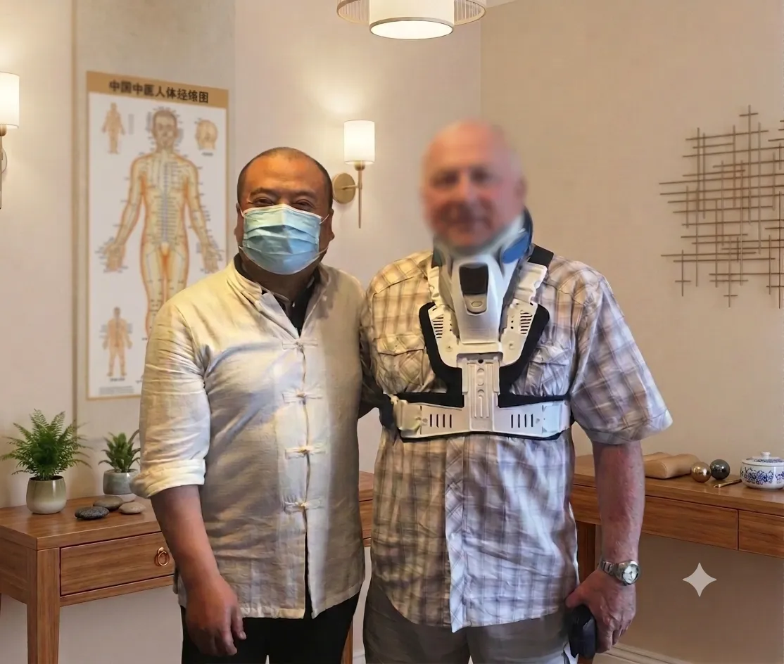 Mr D standing with Levi in a treatment room after post-surgical recovery