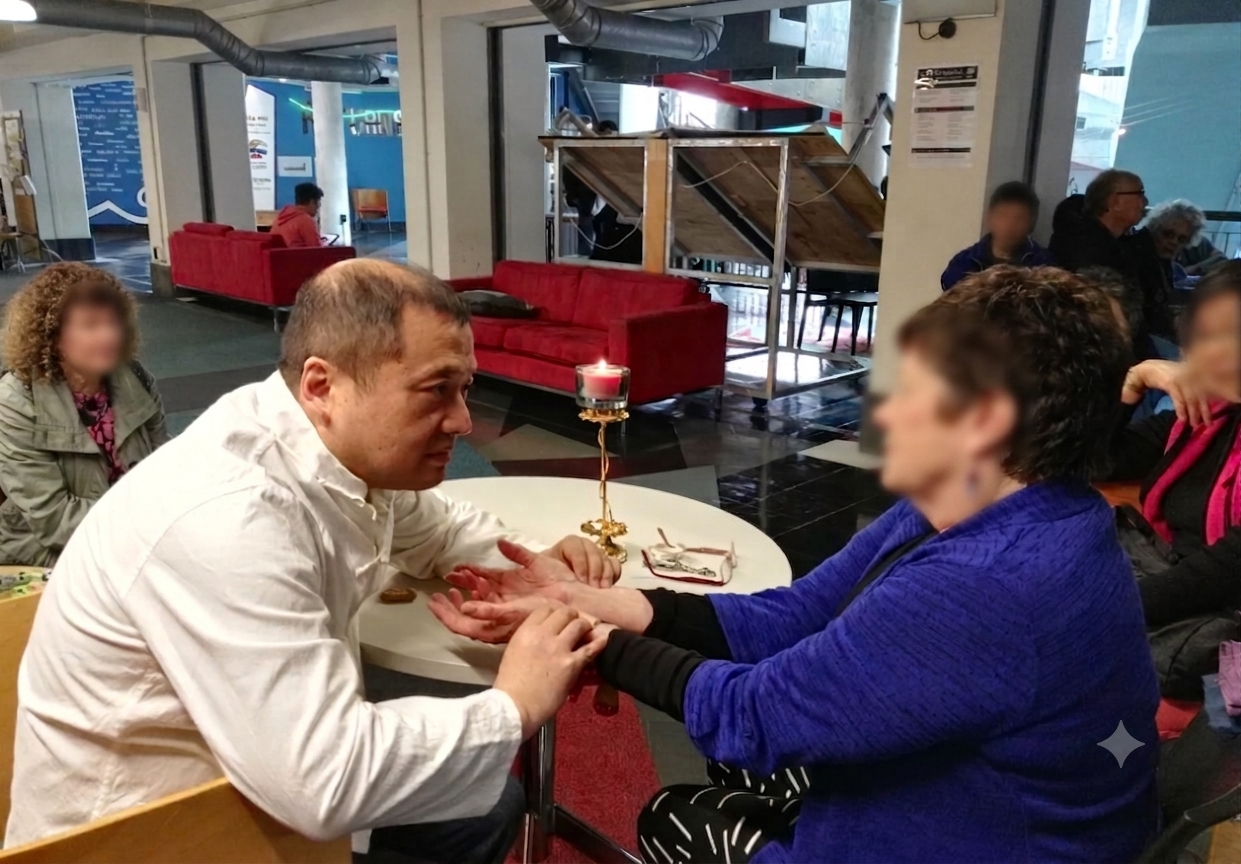 Levi Zhu consulting with a patient during a community health session