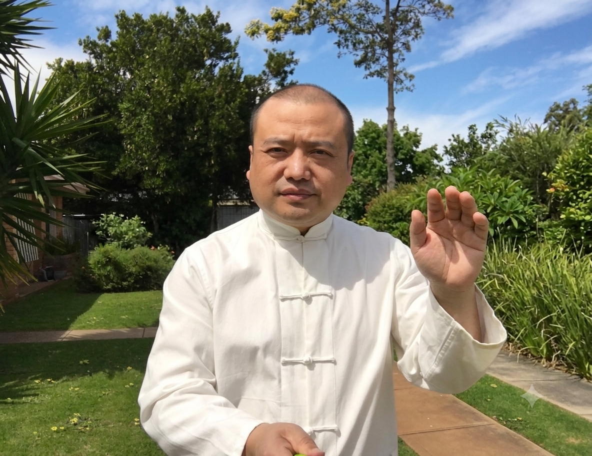 Levi Zhu demonstrating a Traditional Chinese Medicine hand technique outdoors